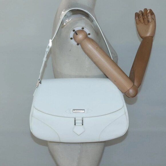 BURBERRY Shoulder Bag Leather White Silver Auth - Picture 1 of 15